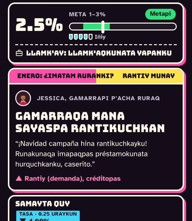 Tablero, inflación chayanapi, llamk'ay, iñiy, killapa kartanwan: Gamarrapi mana sayaspa rantikunku.