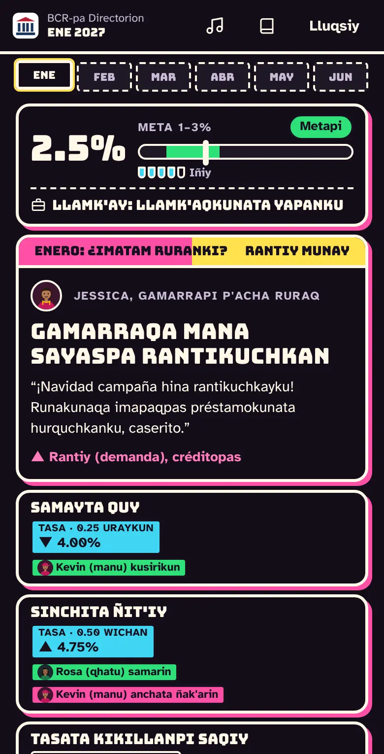 Pukllaypa pantallan: inflación 2.5%-pi, chayana ukhupi, llamk'ay, iñiy, killapa kartan, sapa kutichiy tasawan imata ruwasqanpas.